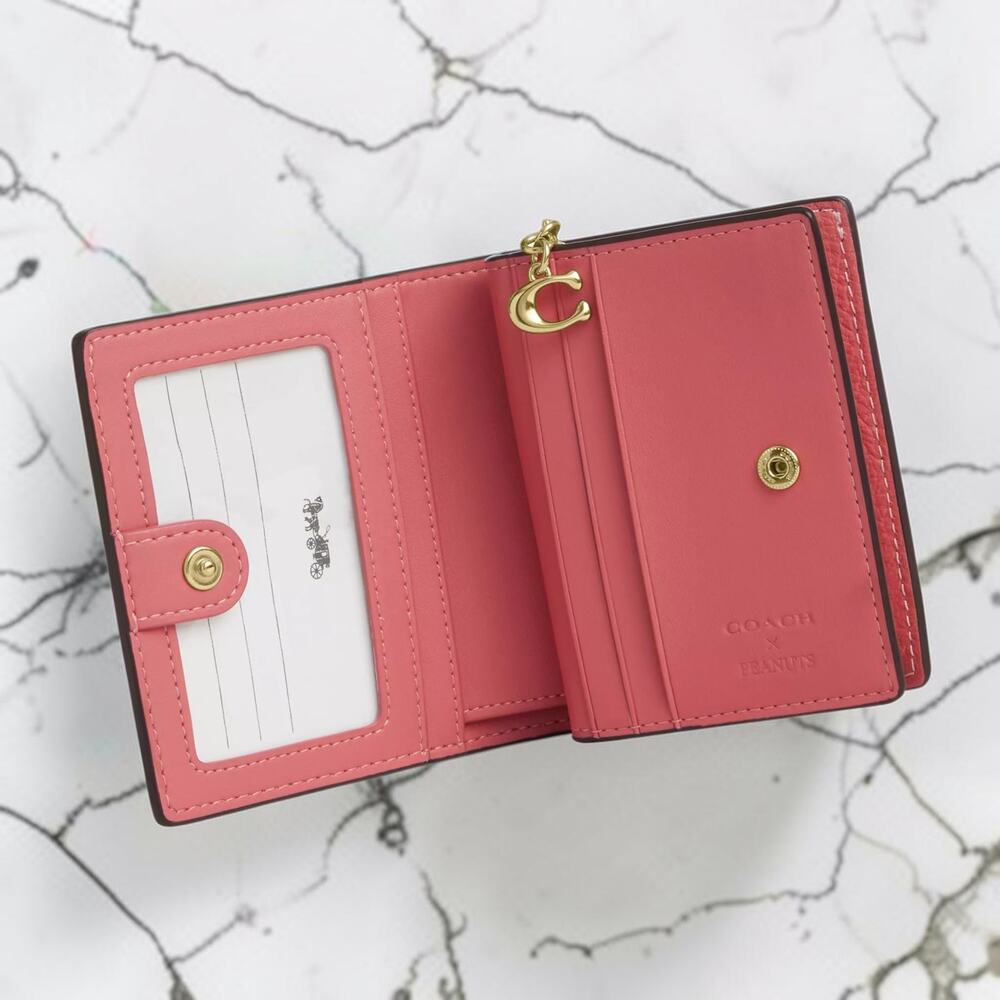 Coach X Peanuts Leather Snap Wallet With Lucy in Bright Coral CBN89 - Picture 3 of 4
